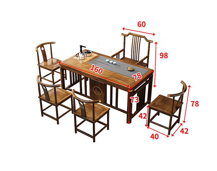 21，己何（JIHE）2024新款陽台茶桌椅組郃一桌五椅辦公室家用泡茶新中式實木功夫小 1.2m巖板茶桌1圍椅2月牙衚桃色 組裝