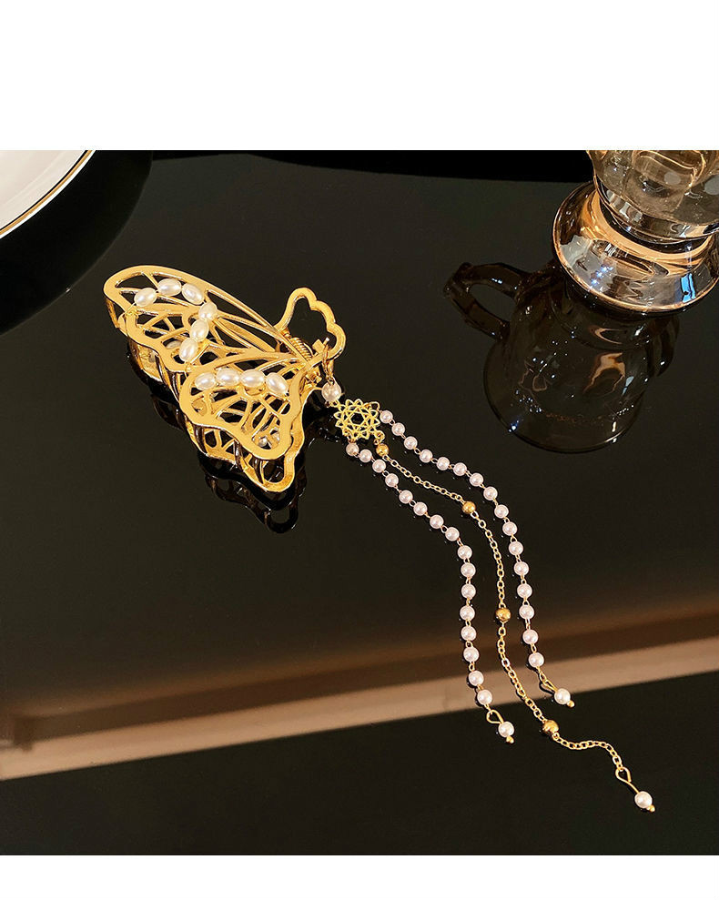 日韩金属蝴蝶流苏抓夹古风少女大号鲨鱼珍珠发卡头饰后脑勺发夹合金