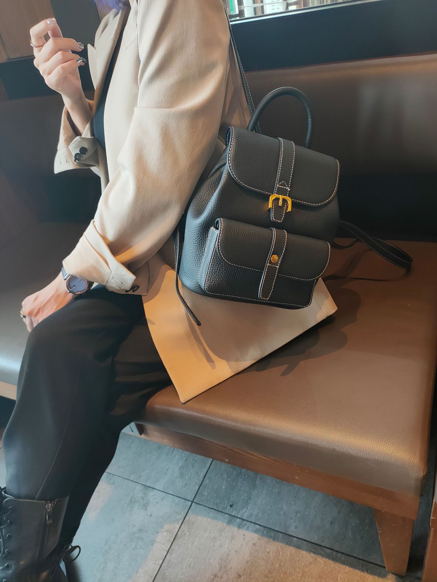 kinstrdz潮牌牛皮双肩包包女2021新款软牛皮大容量休闲百搭纯色小背包