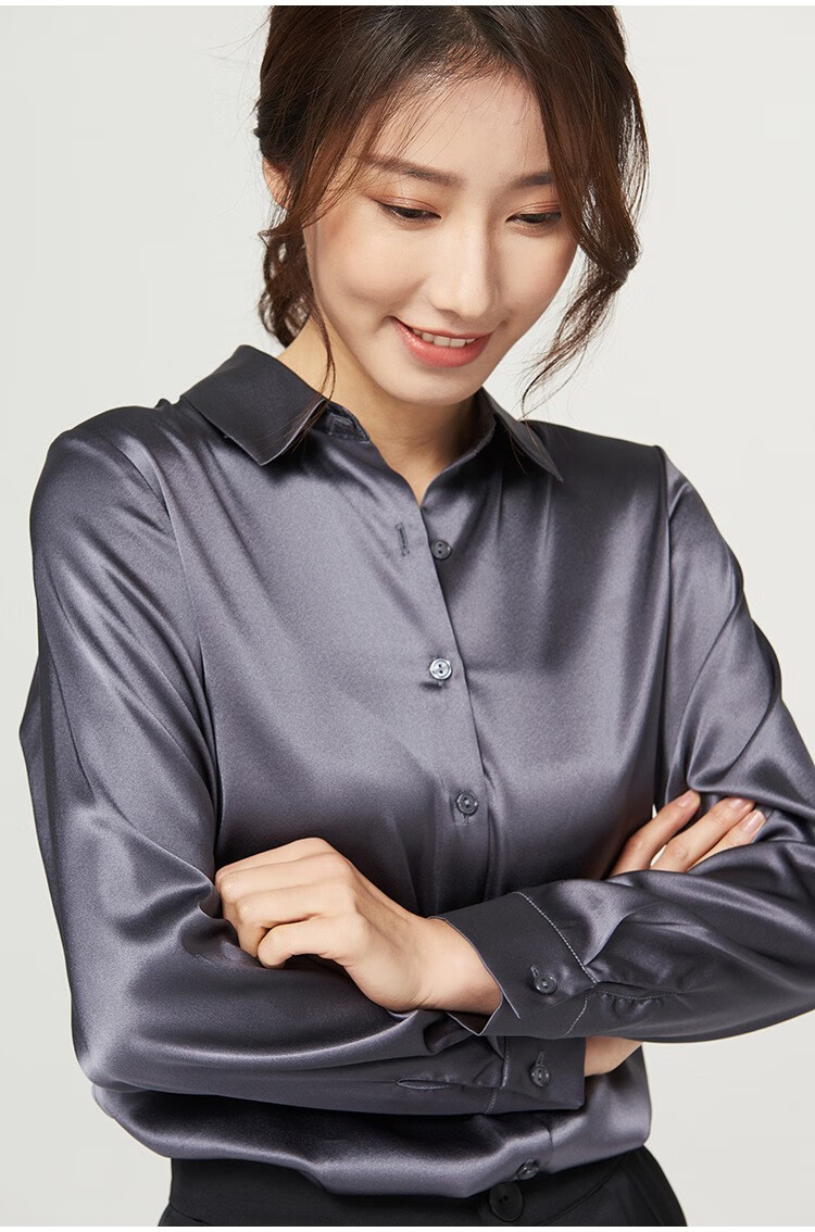 真丝衬衫女秋款百搭桑蚕丝职业装基础款丝绸翻领长袖衬衫时尚专柜女装