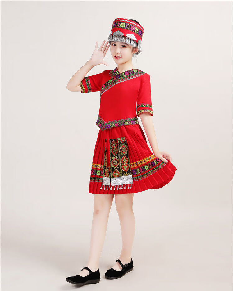 苗族服装女云南少数民族演出服表演服饰民族风舞蹈裙短裙套装 玫红色