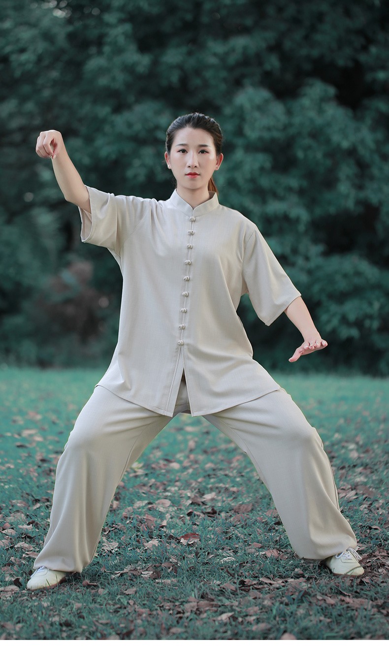 拳友大爱短袖太极服女夏季棉麻太极拳练功服装男2021新款薄灰色小扣