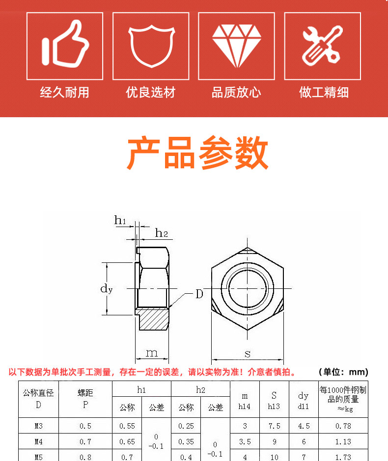 史堡国标本色48级六角螺母螺帽m3m4m5m6m8m10m14m16m18m20m64mmm421只