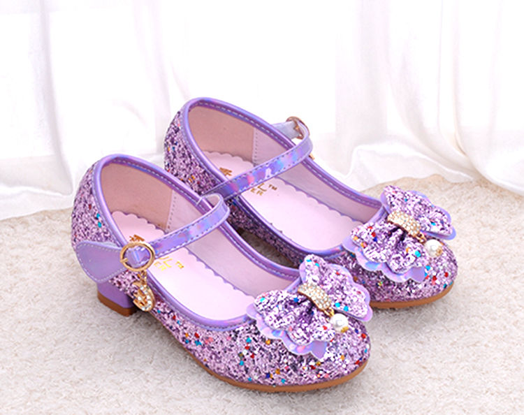 现货速发女童公主鞋2021新款春秋小女孩儿童高跟鞋紫色水晶鞋粉色学生