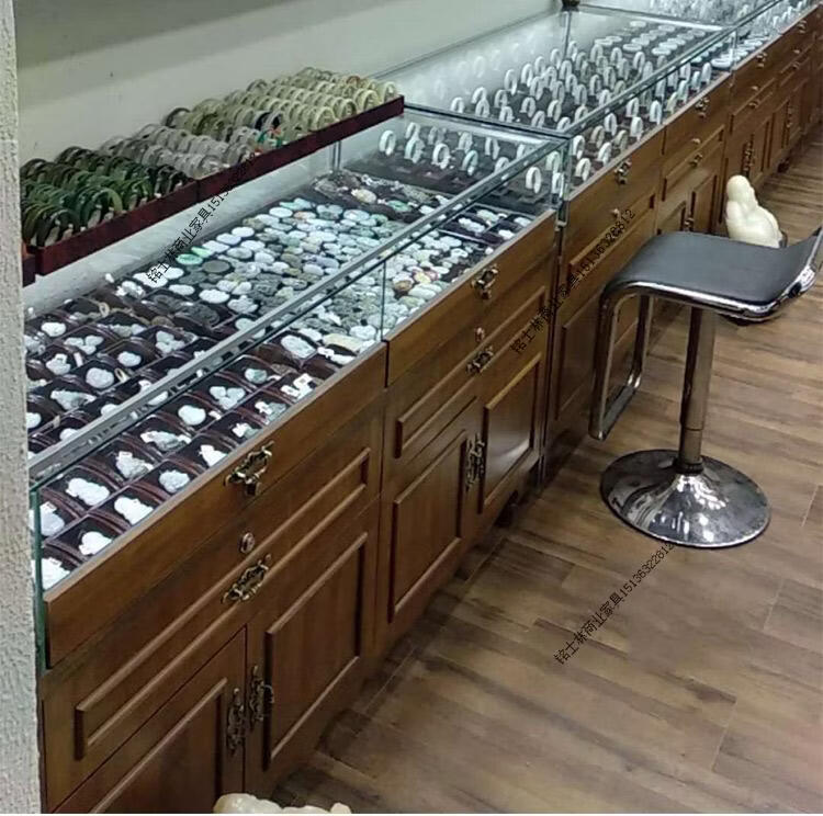 复古实木珠宝展示柜文玩玉器翡翠玻璃展柜首饰品银饰佛牌中岛柜台铭