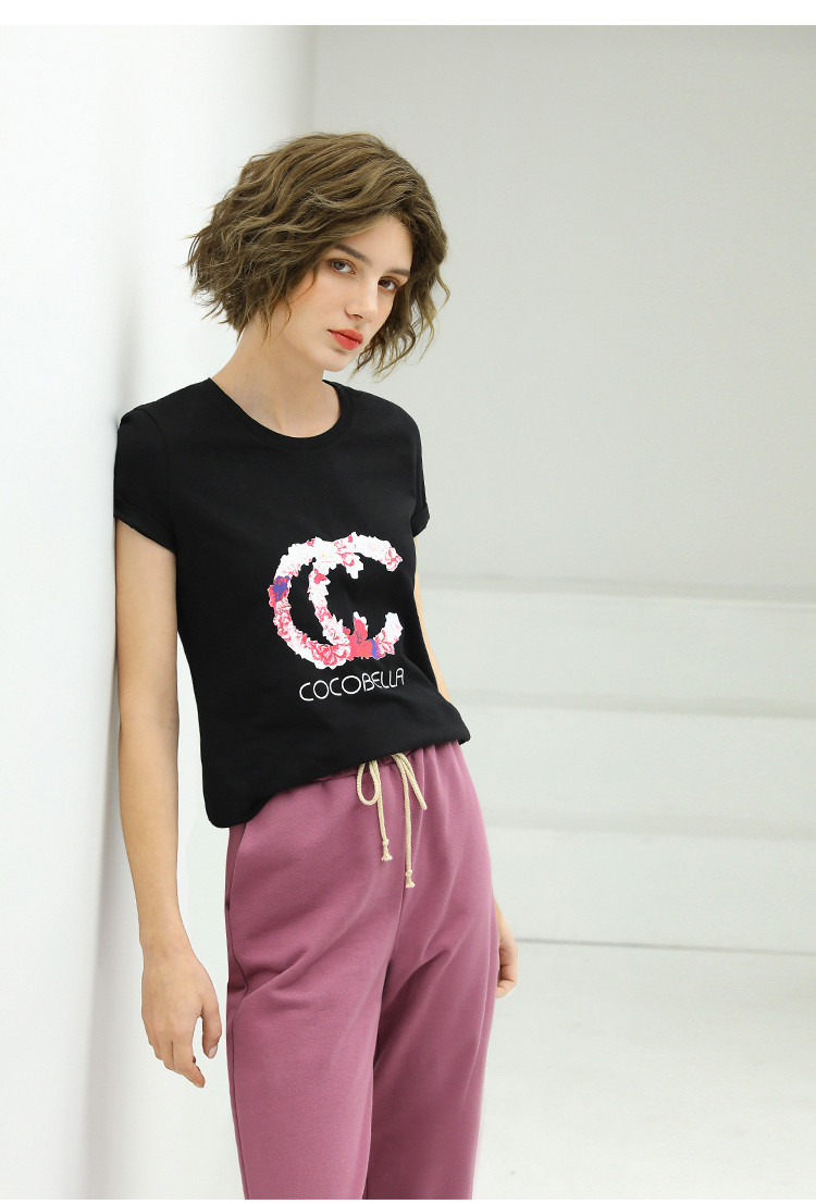 cocobella小香风logo印花短袖t恤女基础款纯色半袖上衣te154白色xl