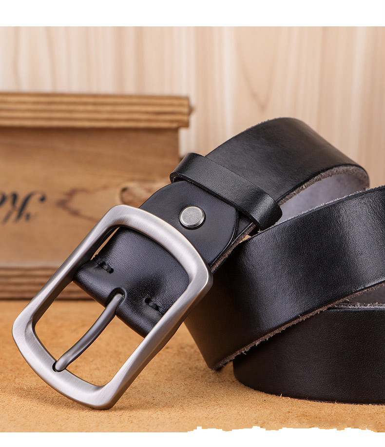 皮带男头层牛皮针扣青年休闲时尚裤带男合金扣头百搭腰带男潮精简黑色
