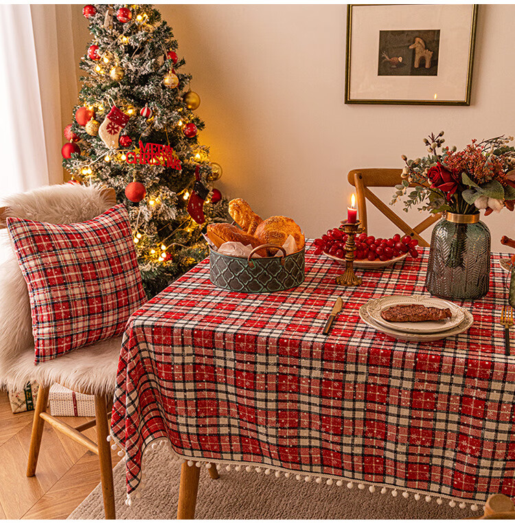 圣诞格子雪花桌布印花长方形茶几布圣诞节装饰餐桌布背景 红绿格子小