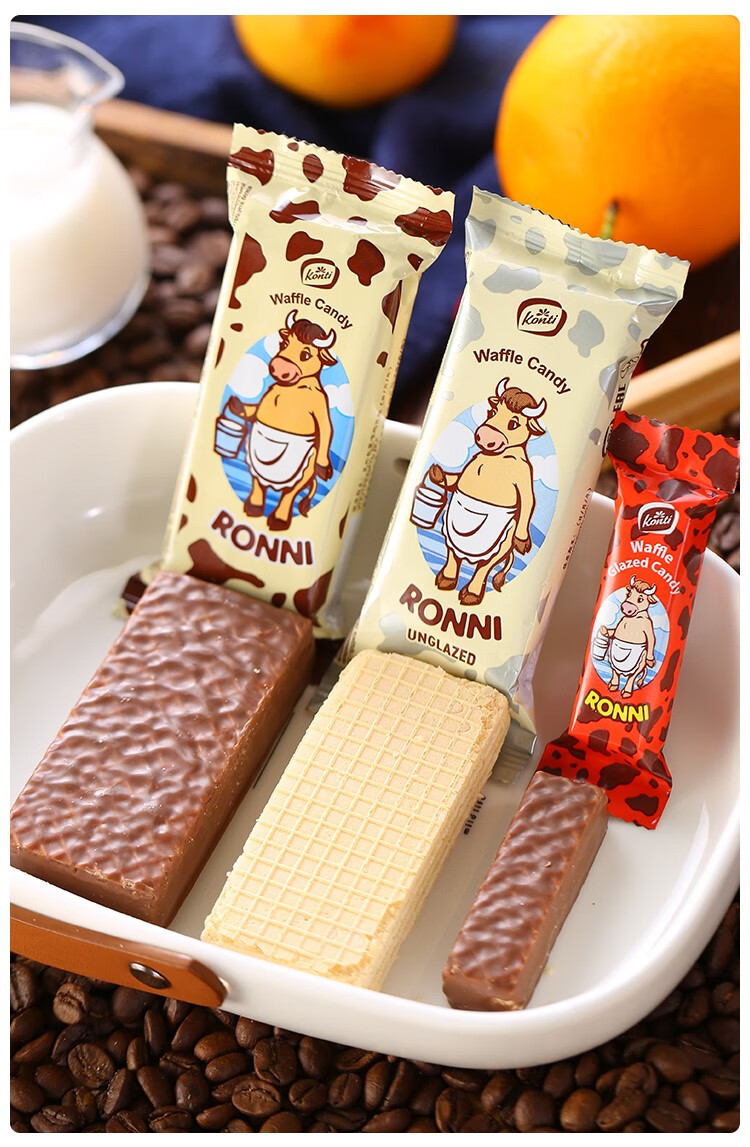 俄罗斯进口大奶牛巧克力威化饼干散装konti康吉牌牛奶零食品500g