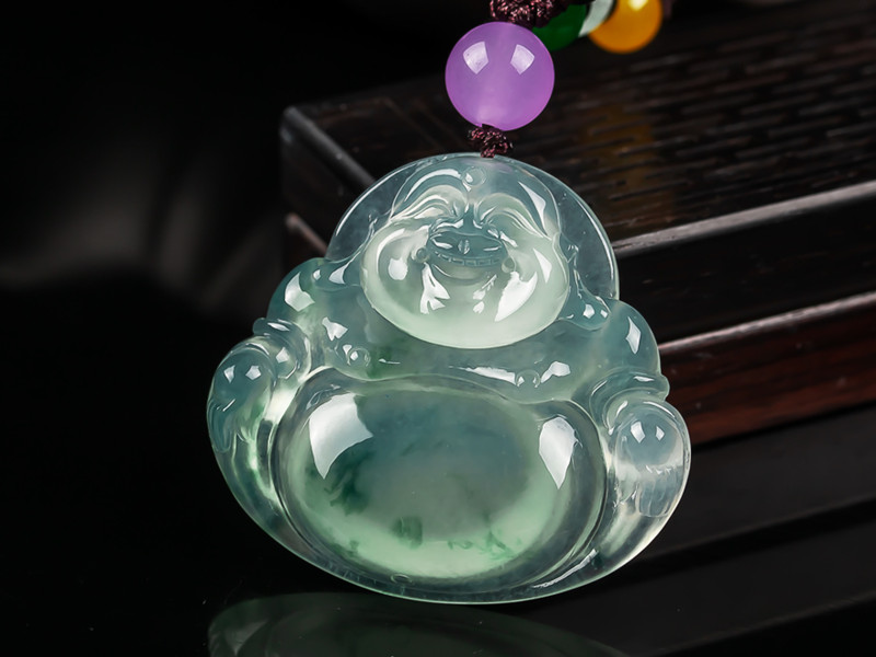 言和诺缅甸翡翠冰种玉佛吊坠飘花阳绿笑佛飘绿弥勒佛玉坠大肚佛挂件女