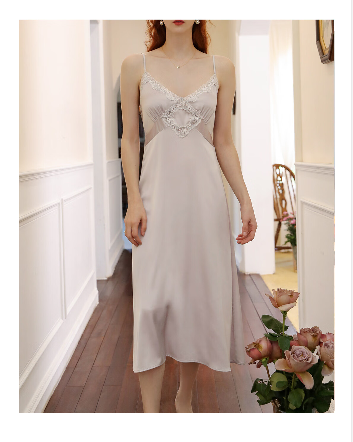 花花贵妇睡衣春秋款女长款过膝冰丝蕾丝法式高级感蕾丝性感吊带睡裙两