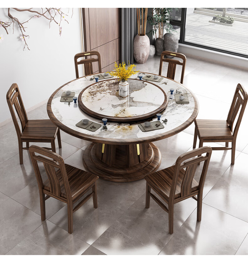 aze 实木餐桌新中式乌金木餐桌椅组合实木圆桌简约现代酒店圆桌岩板