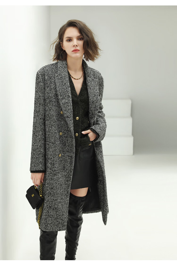 cocobella复古亮丝人字纹毛呢外套女秋冬中长款双排扣大衣wl8 人字纹