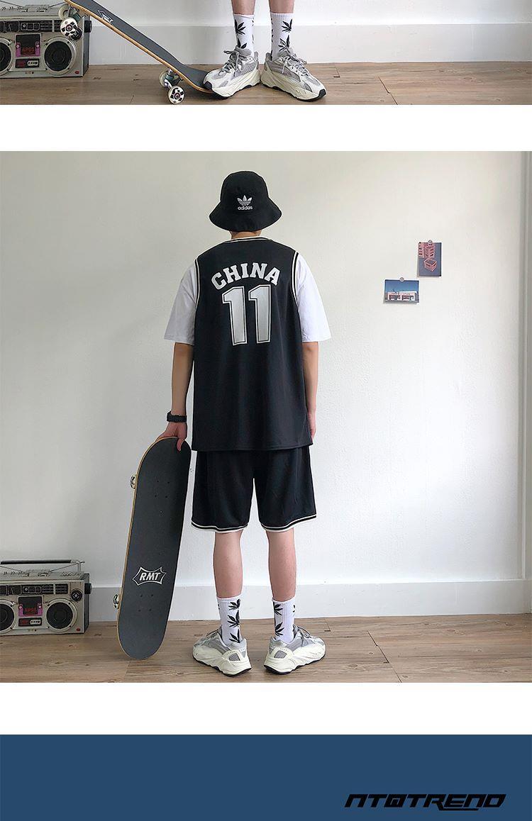男士篮球服套装男夏天潮流嘻哈搭配帅气蓝球衣背心街头学生假两件 37