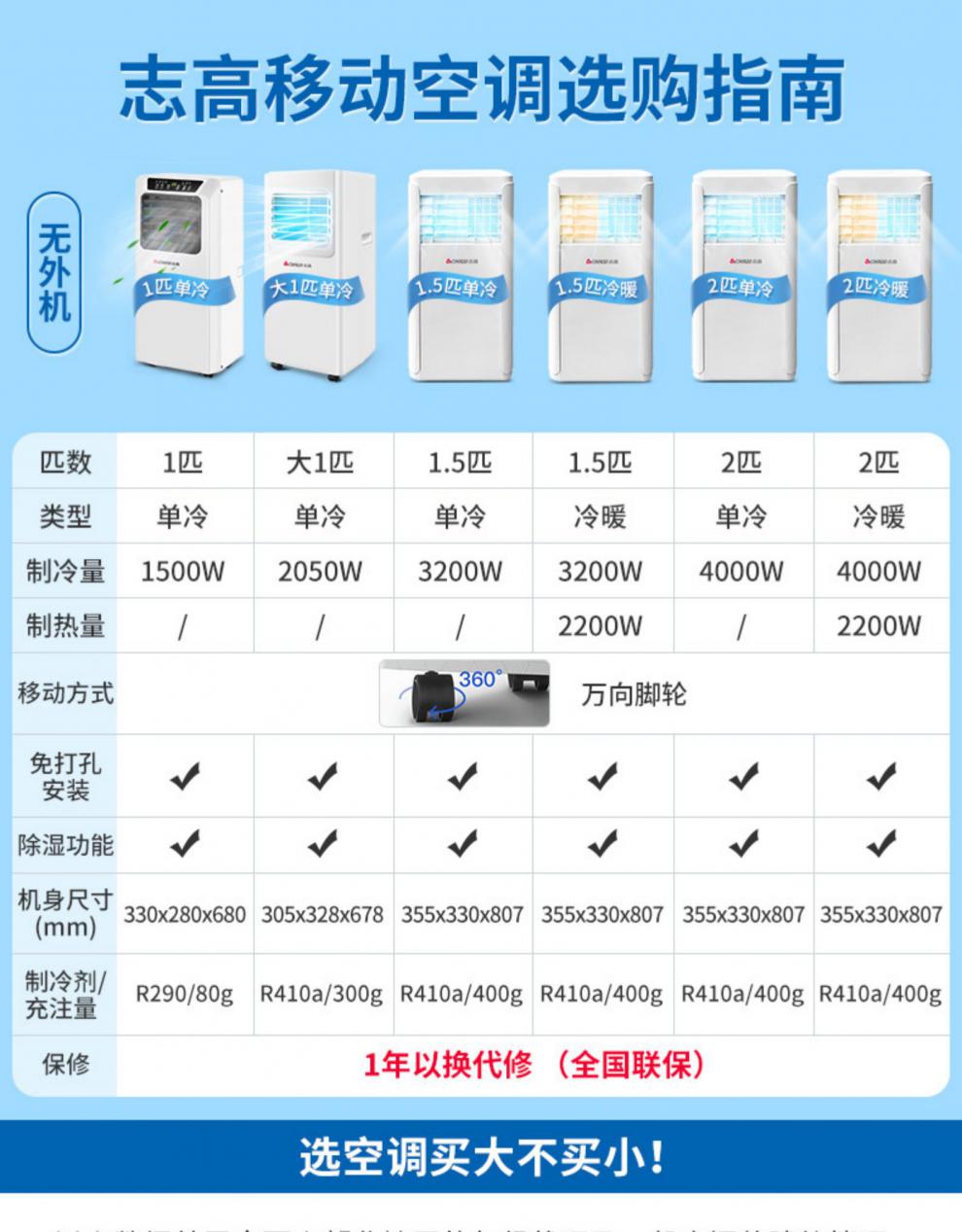 移动式冷暖小空调志高移动空调可单冷暖两用一体机家用小型便携式无外