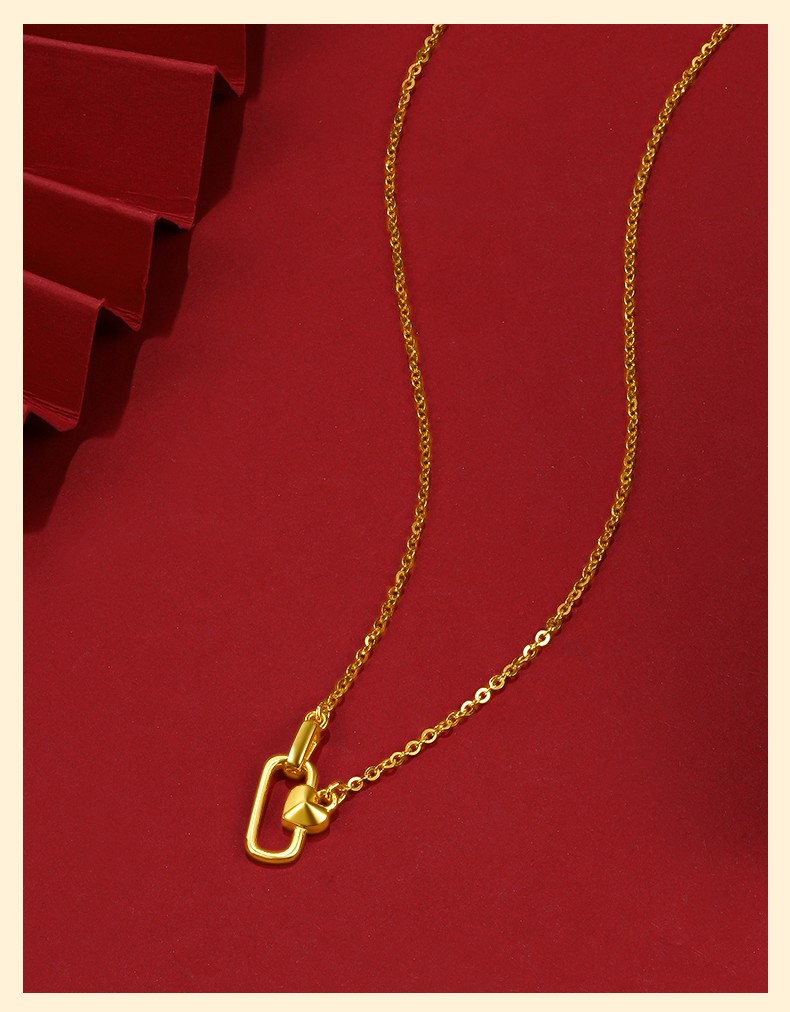 一生锁爱 999足金心锁黄金项链金套链女款几何心形金吊坠环环相扣锁骨