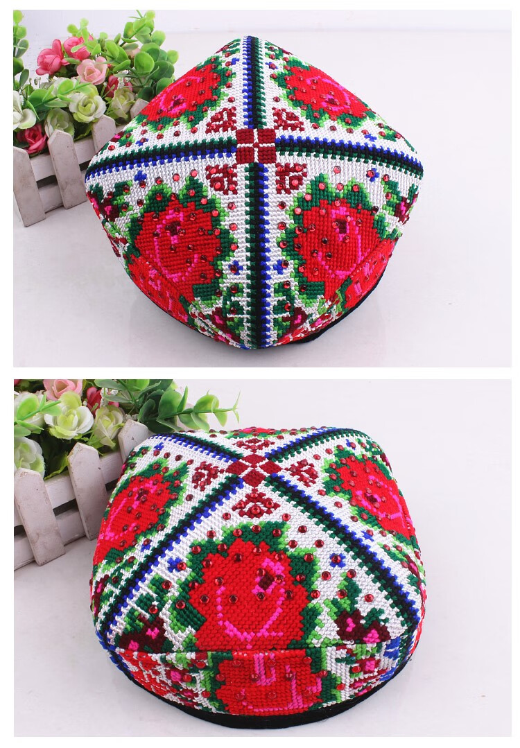 妲菲妮新疆花帽舞蹈帽子维吾尔手工十字绣玫瑰花帽新疆舞演出帽女士四