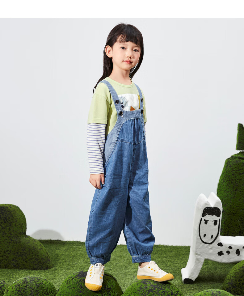 马拉丁童装女大童牛仔背带裤2021春装新款印花口袋休闲背带长裤 牛仔