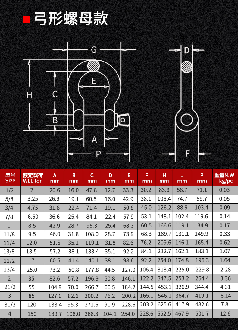 力拓中用美标弓形卸扣卡环卡扣高强度弓型卸扣325t475t12吨弓型螺母型