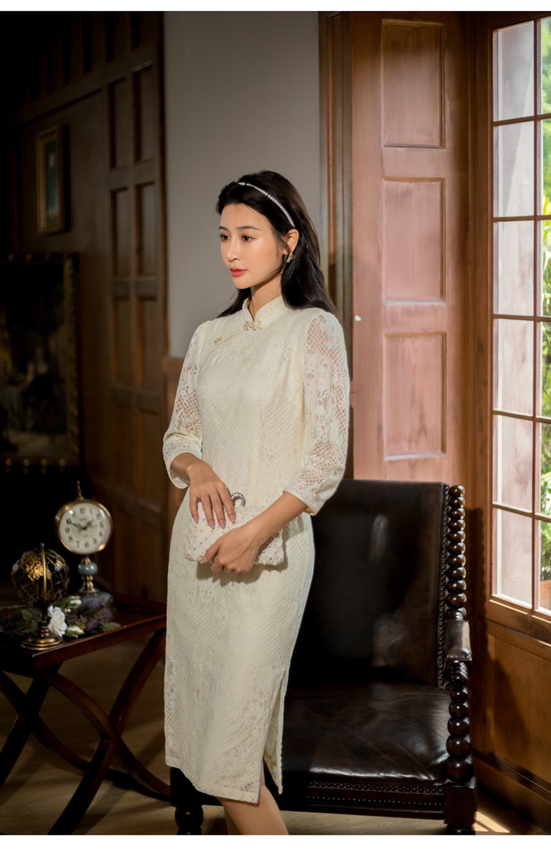 固执2021年秋季新款复古蕾丝立领中长旗袍改良连衣裙94213qp06692奶油
