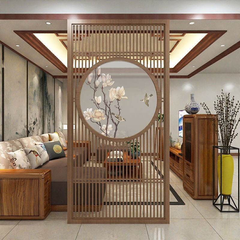 屏风画新中式屏风画定制双面圆形透明薄纱画玄关客厅隔断花格晶瓷装饰