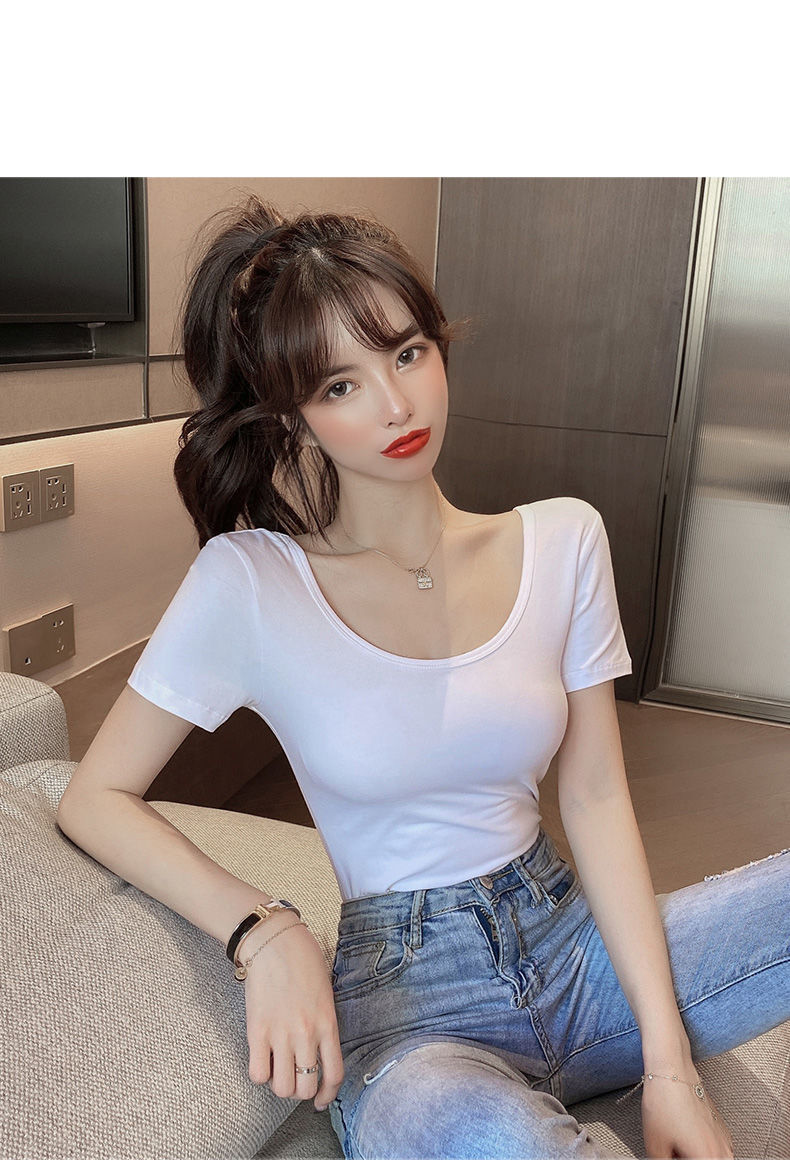 新臣作低领t恤女夏季新款紧身短袖纯色上衣白色半袖u领打底衫潮黑色单