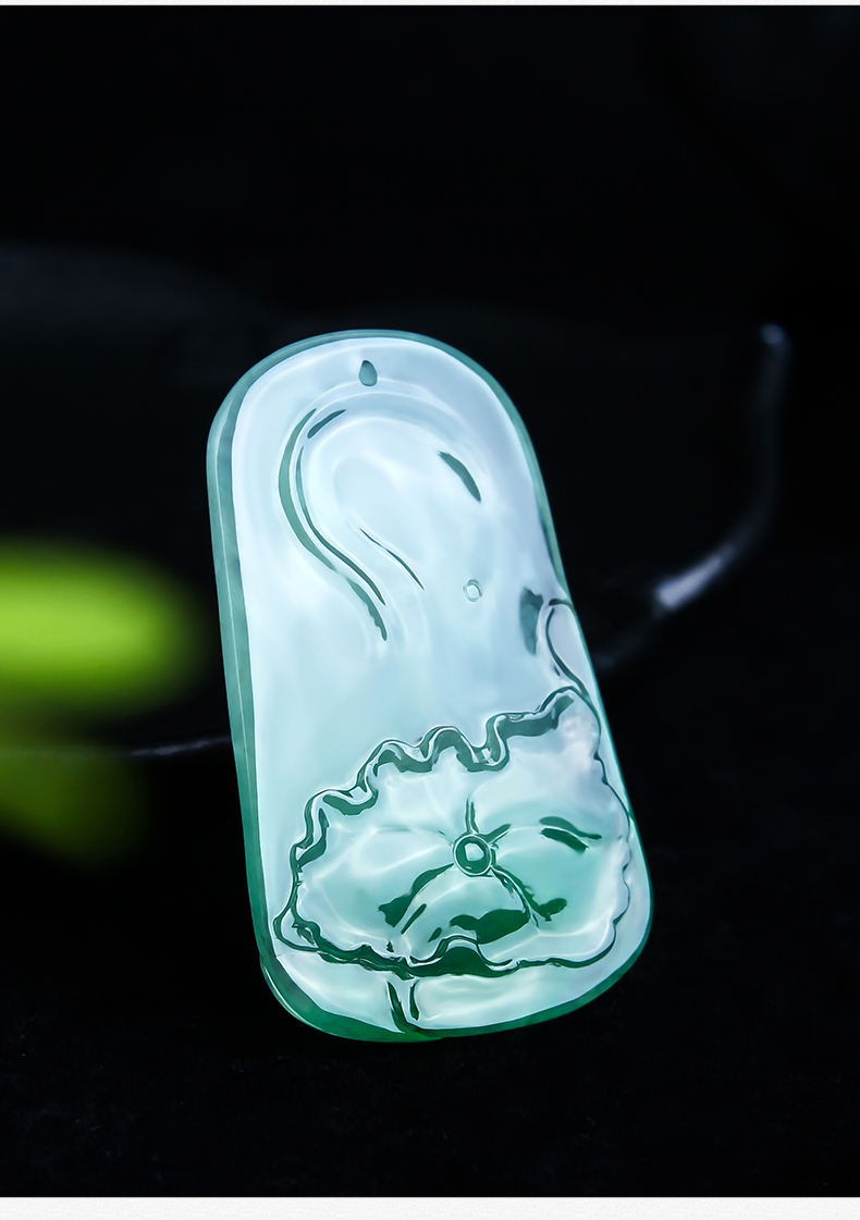 百博翡翠莲花牌吊坠冰晴飘阳绿荷花鱼牌玉坠天然缅甸玉石a货挂件oy10