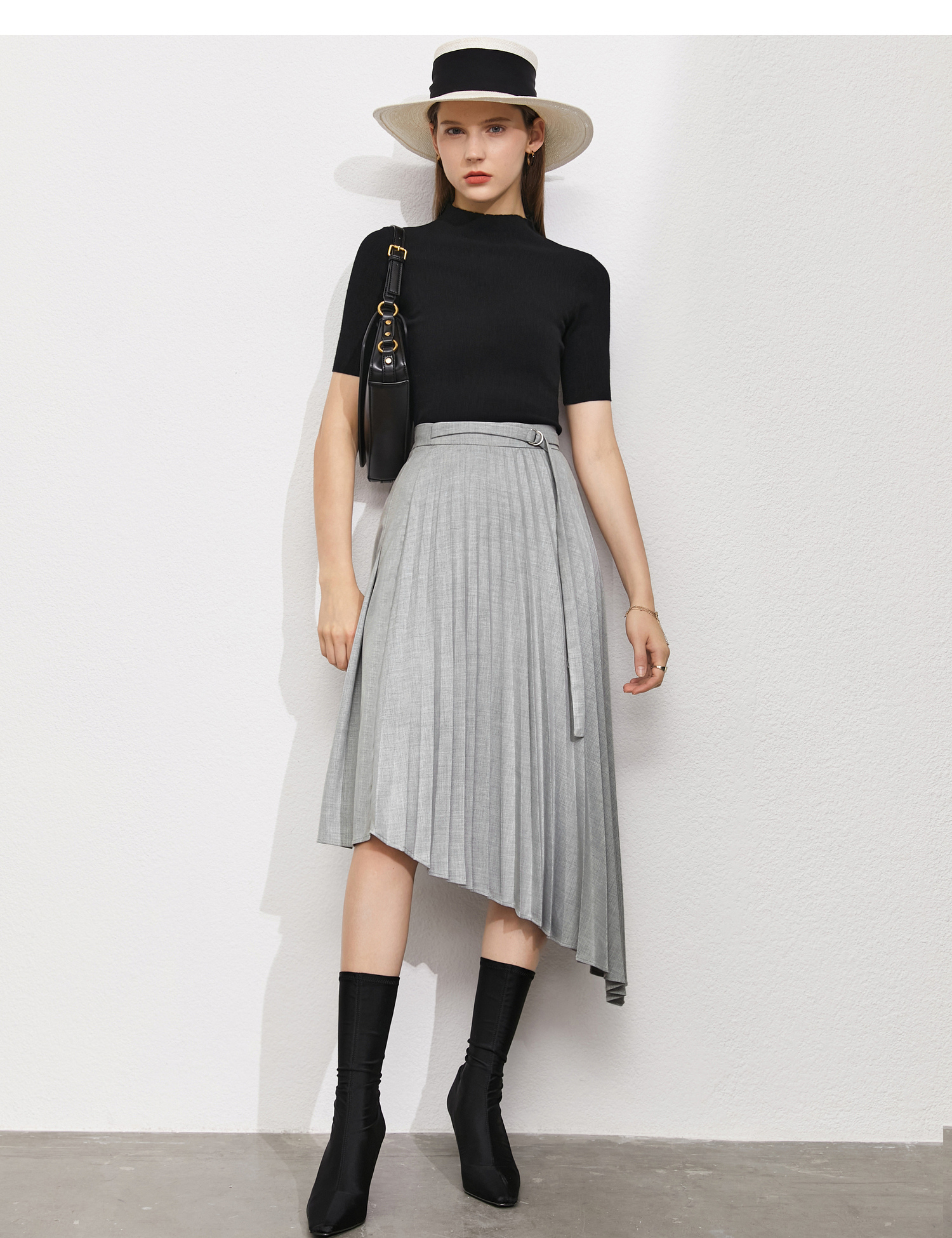 amii极简气质通勤半身裙2021新款绑带a摆纯色垂感百褶半身裙 浅花灰