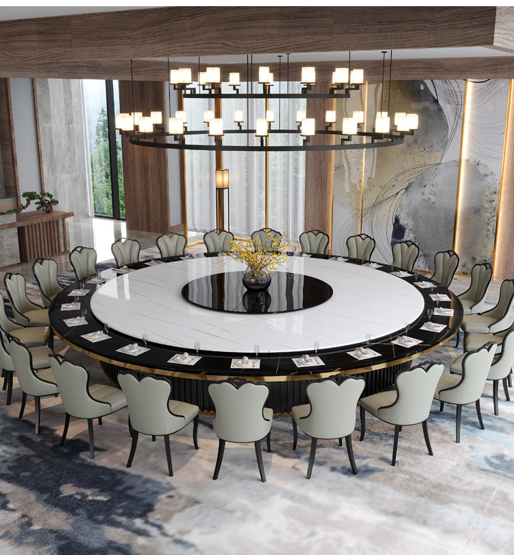 大理石酒店电动餐桌别墅会所饭店包厢旋转30人50人大圆桌岩板餐桌40米
