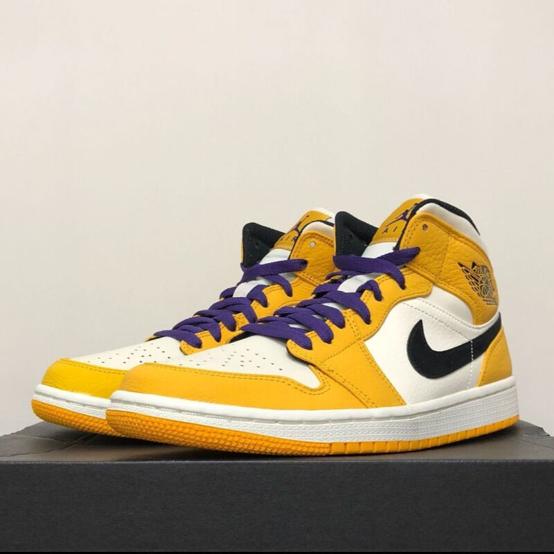 自主紫金湖人头层皮内置气垫休闲百搭高帮男情侣篮球鞋紫金黄关注收藏