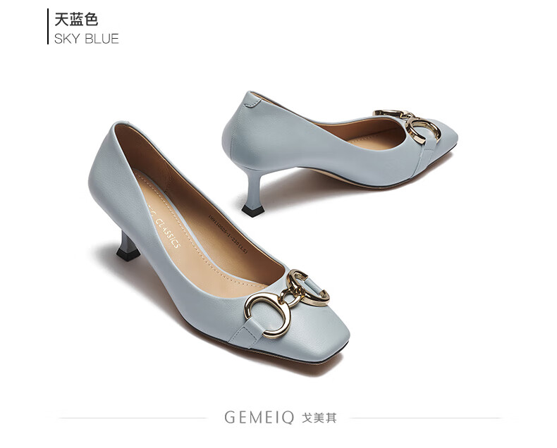 戈美其2021秋季新款浅口方头马衔扣漆皮细跟单鞋女高跟鞋性感女鞋 天