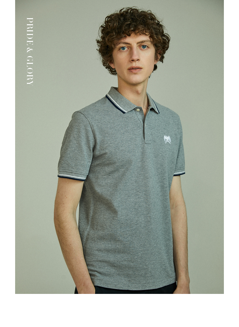 plory春夏季休闲时尚撞色老鹰logo刺绣polo衫男麻灰色165