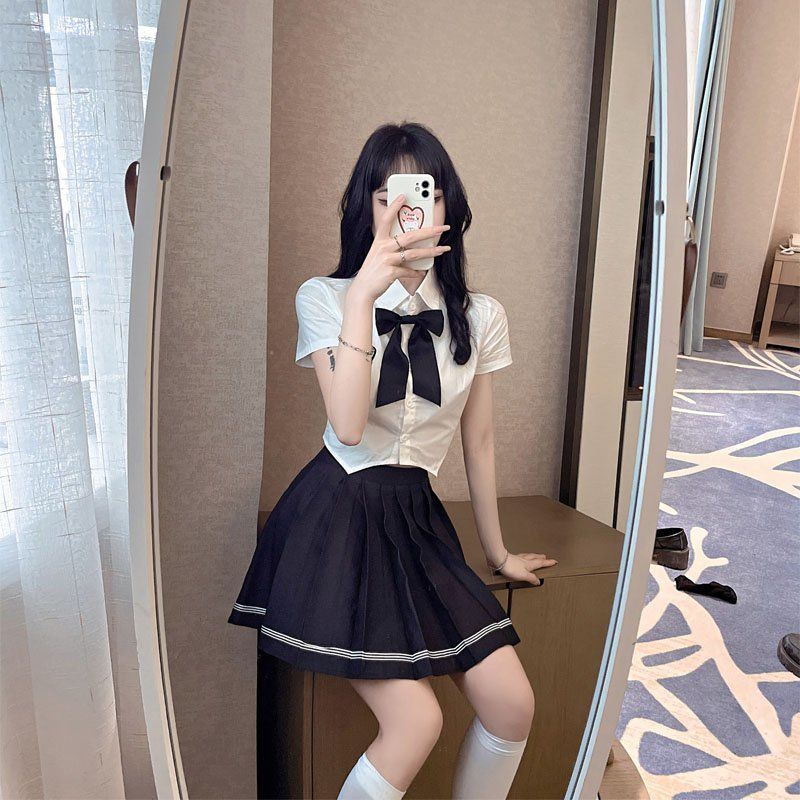 纯欲美少女jk套装女2022夏季蝴蝶结短款t恤高腰百褶半身裙两件套白衣
