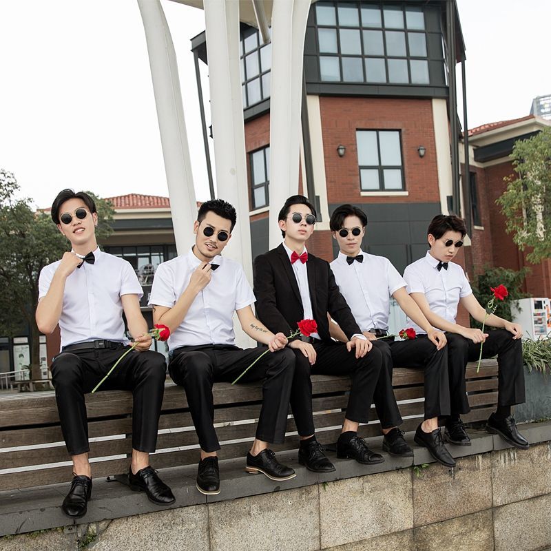 妙润西装衬衫男夏季伴郎团服装男兄弟团短袖衬衫西服套装新郎结婚礼服