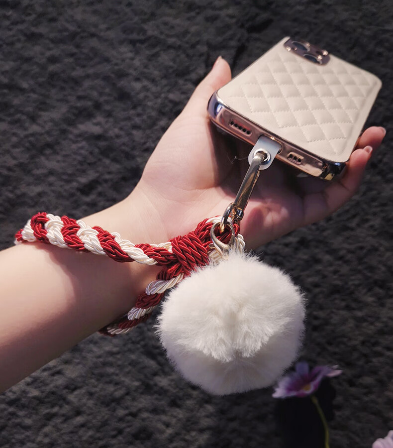 珍格(zhenge) 手机挂绳手工编织加粗毛绒绒毛球毛线编织手腕带子户外