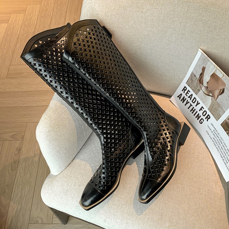 仓梵夏季镂空靴子女高筒复古牛皮西部牛仔靴真i皮透气打孔洞洞网格凉