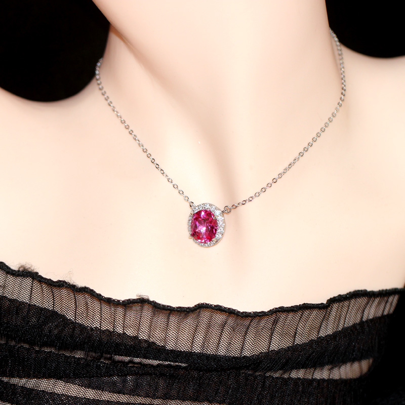 蛋形玫红色碧玺项链套链彩色宝石首饰品小众设计感925银 (主石9*11mm)