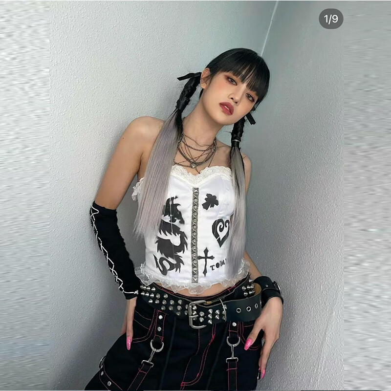 gidle打歌服韩国女团gidle同款打歌服y2k千禧辣妹蕾丝抹胸涂鸦印花