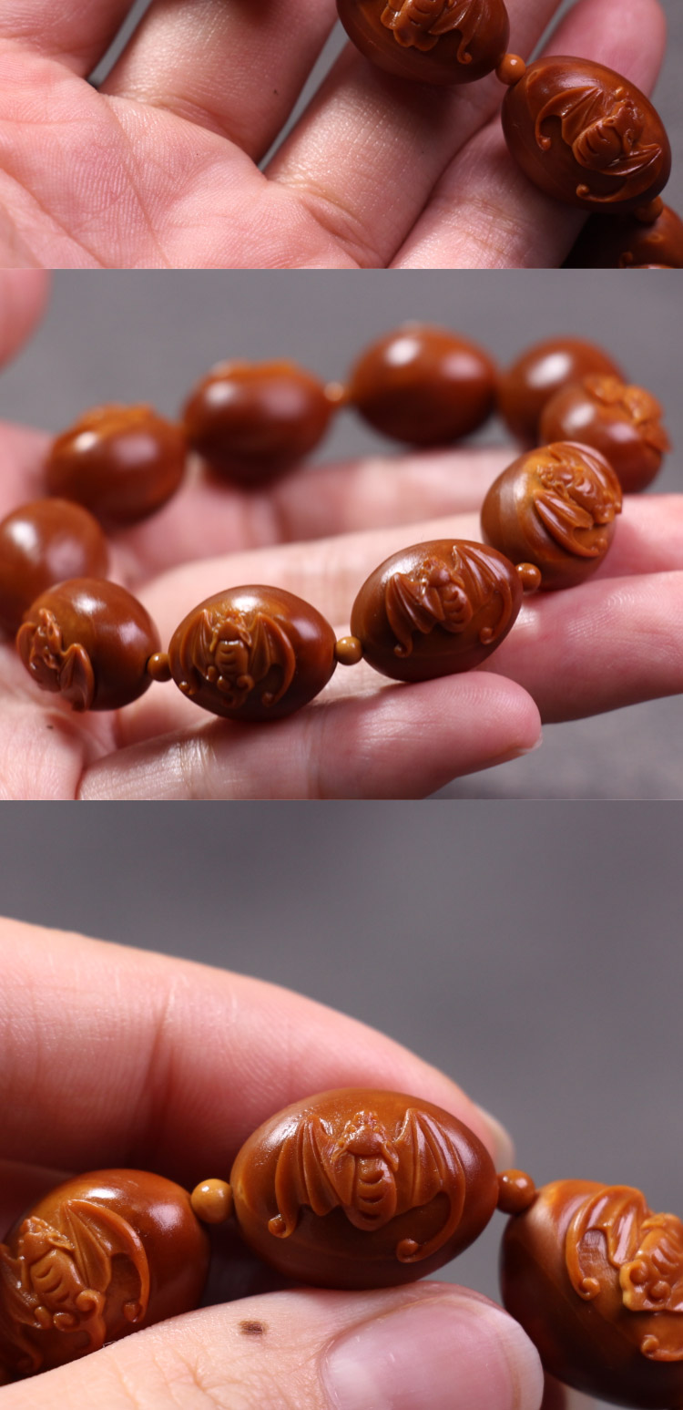 艾美福蝙蝠橄榄核手串苏工纯手工雕刻十全富贵庇护守护小铁核