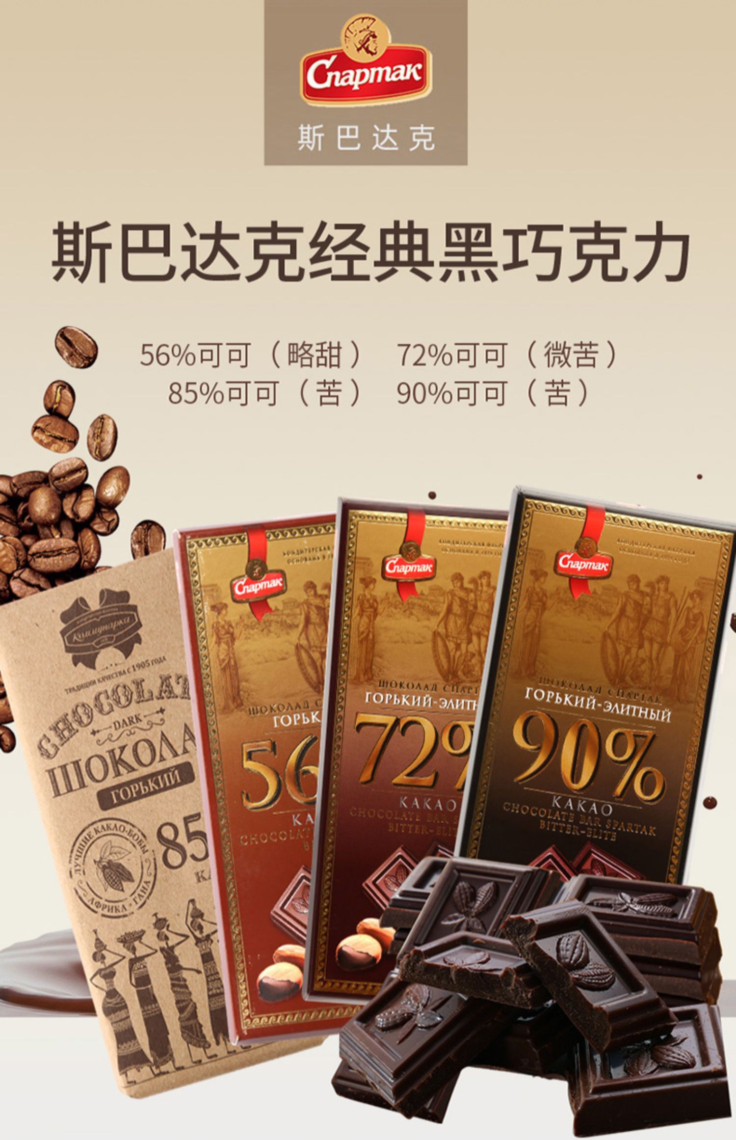 俄罗斯进口纯黑巧克力5690纯可可脂斯巴达克经典黑巧超苦90克高尔基56