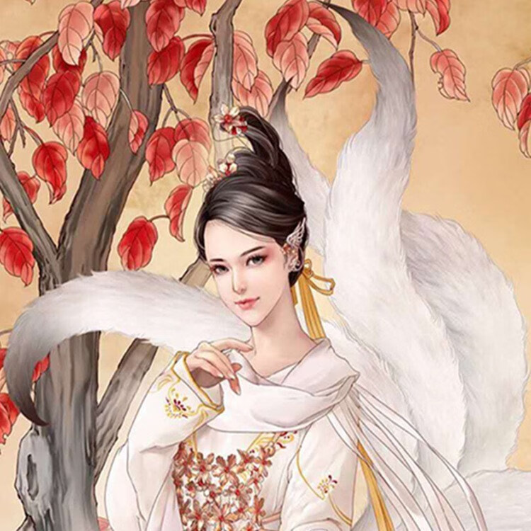 狐仙娘娘画像九尾狐神像挂画保家仙供奉画画卷轴画 灰绿色-c 成品90*