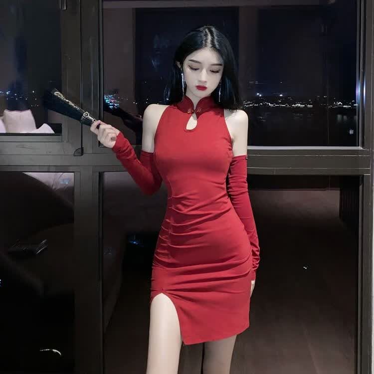 现代风旗袍裙改良版性感包臀裙心机镂空袖套开叉短裙中式连衣裙女s87