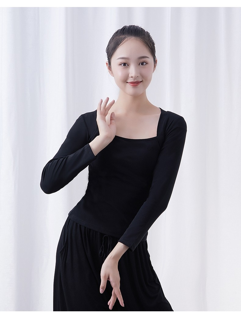 服成人芭蕾舞练功服上衣法式方领形体服女中国古典舞服黑色长袖均码