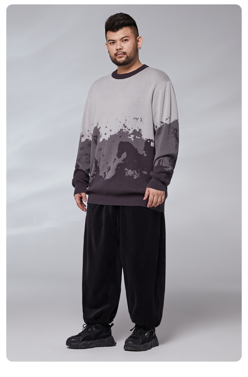 半墨大码男装圆领毛衣男宽松加肥加大水墨提花显瘦肥佬针织毛线衫21q9