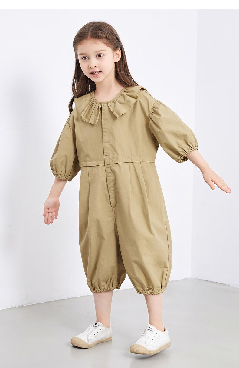 马拉丁童装女大童连体衣套装2021夏装新后背印花荷叶领中袖连体装粉桔