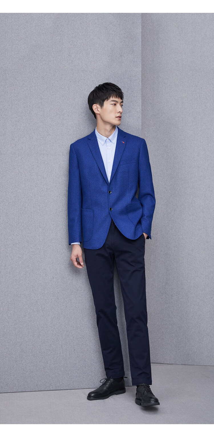 hla海澜之家净色毛呢休闲西服男士宝蓝色西装商务风绅士单西外套男