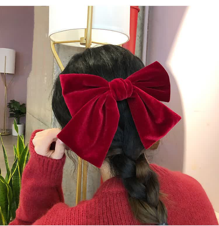 瞬子复古发夹红丝绒质感蝴蝶结发饰韩版气质双马尾头饰红色款 缎面半