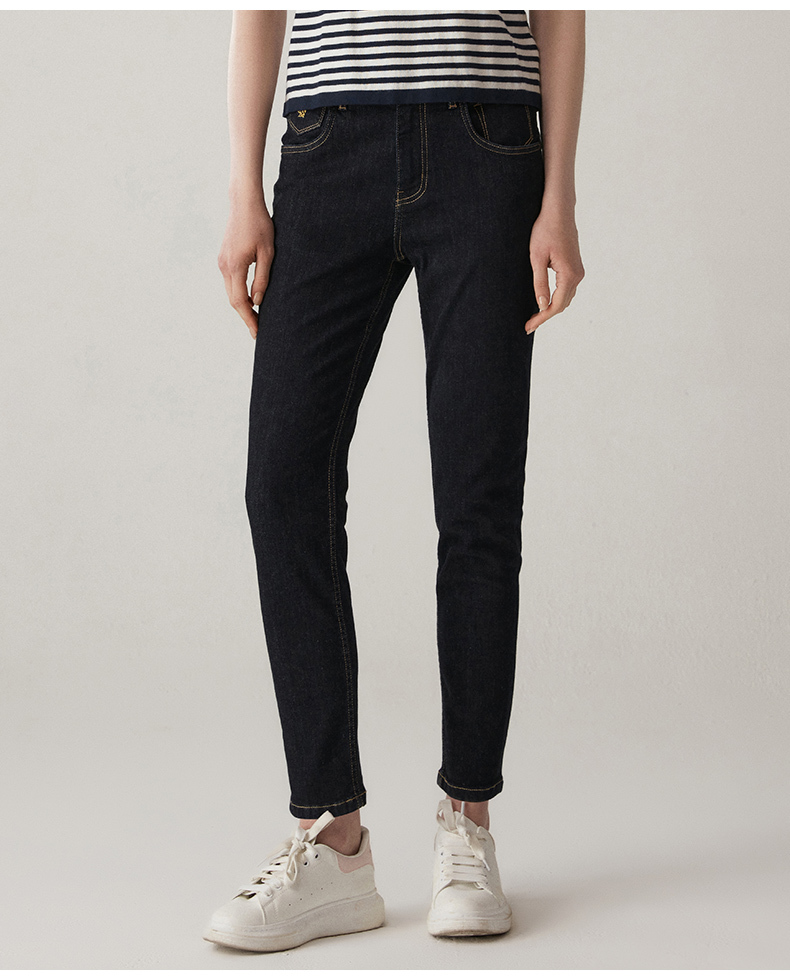 hushpuppies暇步士女装裤子2021新款秋季百搭弹力高腰直筒牛仔长裤ho