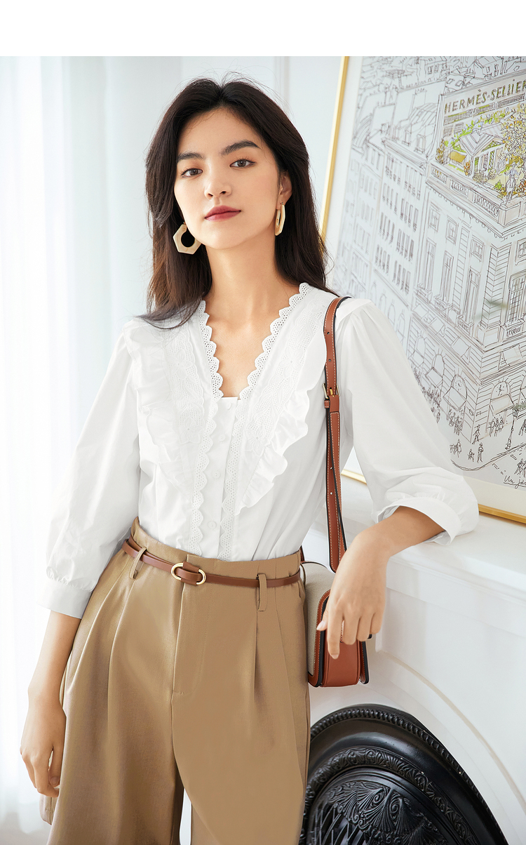 伊芙丽荷叶边衬衫女2021新款镂空衬衣刺绣花边蕾丝v领女士小上衣本
