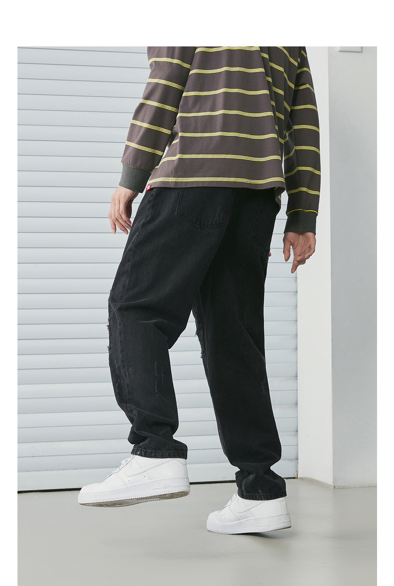 ecko犀牛直筒牛仔裤男潮牌2021秋季新款复古水洗磨破毛边宽松休闲长裤